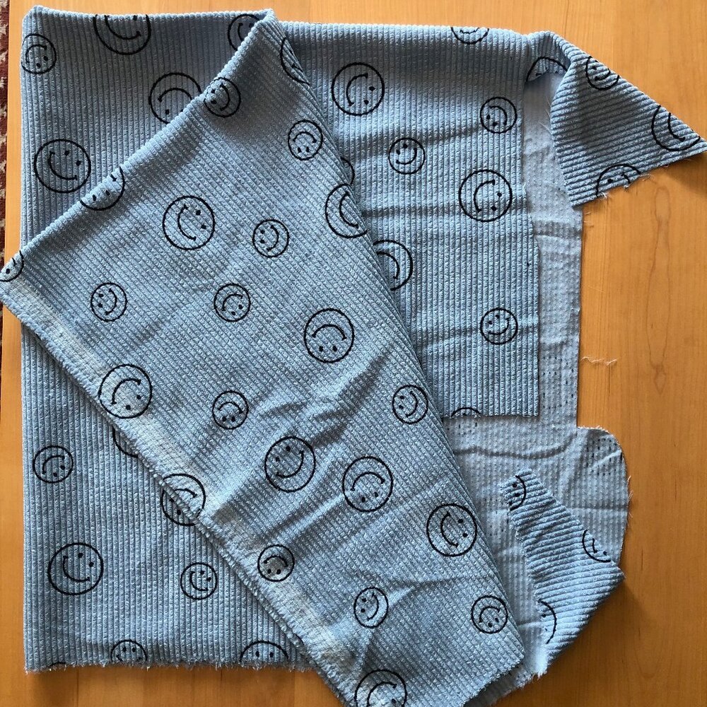 Pale Blue Smiley Face Printed Corduroy Fabric, Polyester Woven